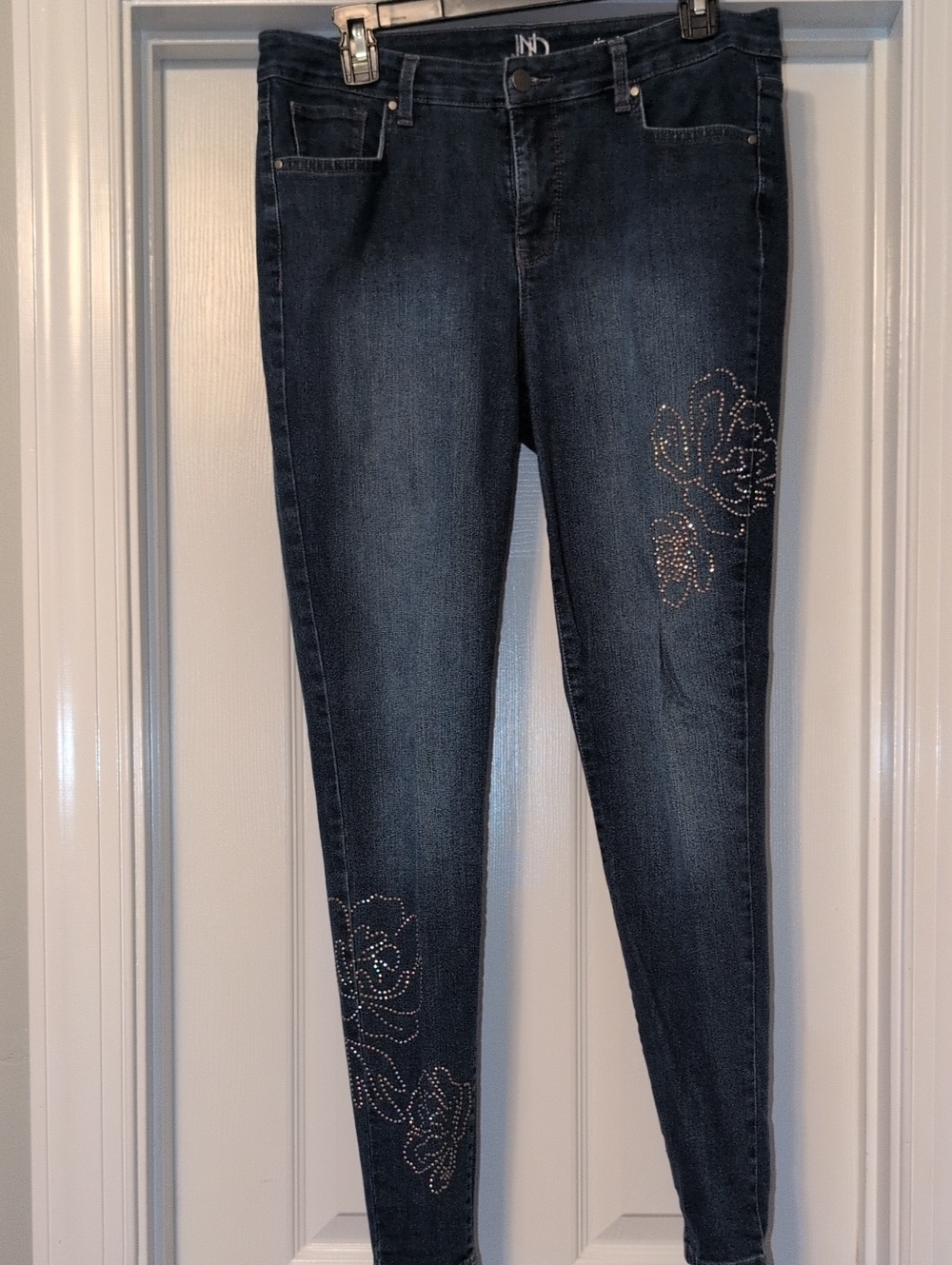 new directions Dark Blue Skinny Jeans with Rhinestone Floral Design